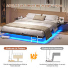 Lit double AOGLLATI 180 x 200 équipé de 2 tablettes de chevet d'un sommier métallique de plusieurs prises électriques et d'un éclairage LED