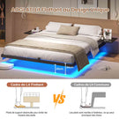 Lit double AOGLLATI 160 x 200 équipé de 2 tablettes de chevet d'un sommier métallique de plusieurs prises électriques et d'un éclairage LED