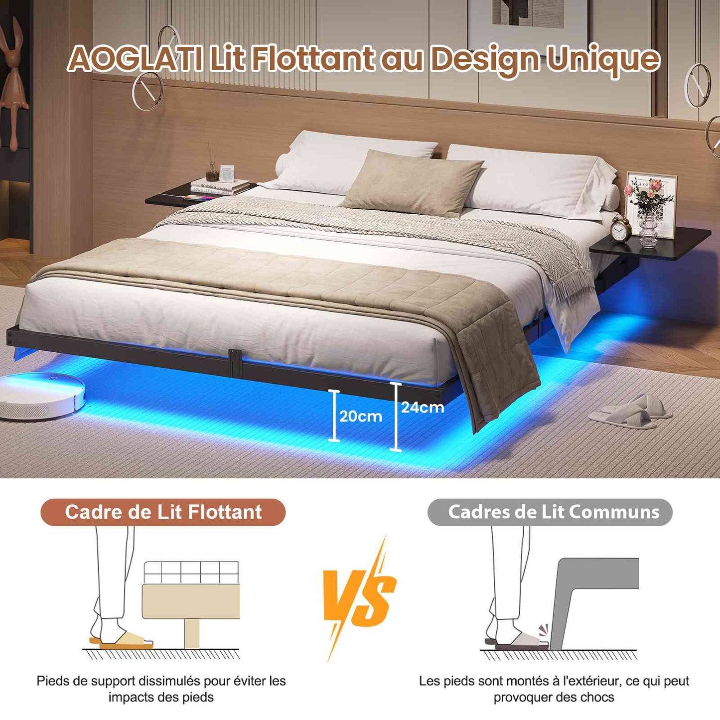 Lit double AOGLLATI 160 x 200 équipé de 2 tablettes de chevet d'un sommier métallique de plusieurs prises électriques et d'un éclairage LED