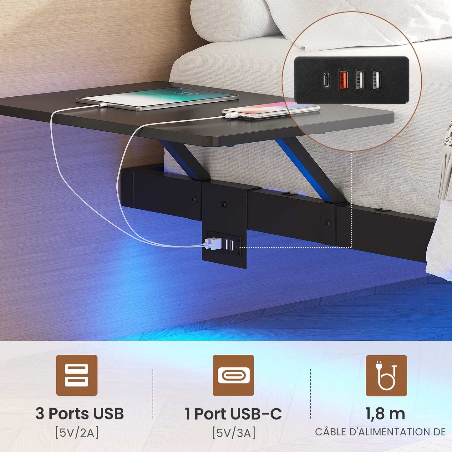 Lit double AOGLLATI 140 x 200 équipé de 2 tablettes de chevet d'un sommier métallique de plusieurs prises électriques et d'un éclairage LED