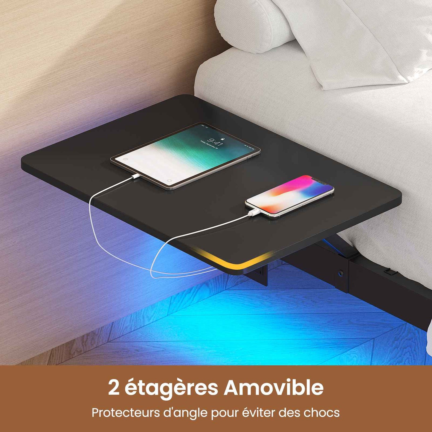 Lit double AOGLLATI 160 x 200 équipé de 2 tablettes de chevet d'un sommier métallique de plusieurs prises électriques et d'un éclairage LED