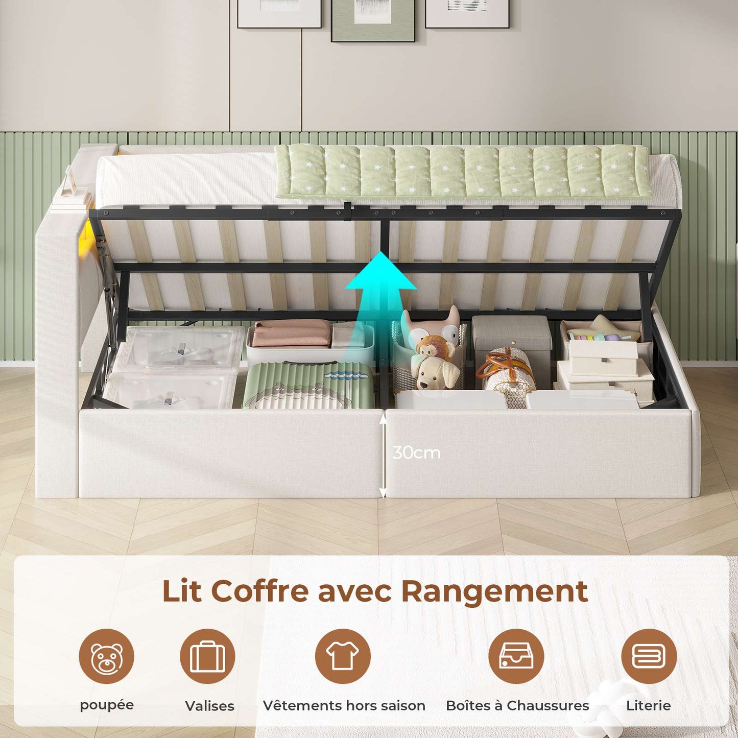 AOGLLATI Canapé lit 90 x 200 Lit Coffre 90 x 200 avec LED et Ports USB Lit Hydraulique avec Tête de Lit capitonné et Rangement