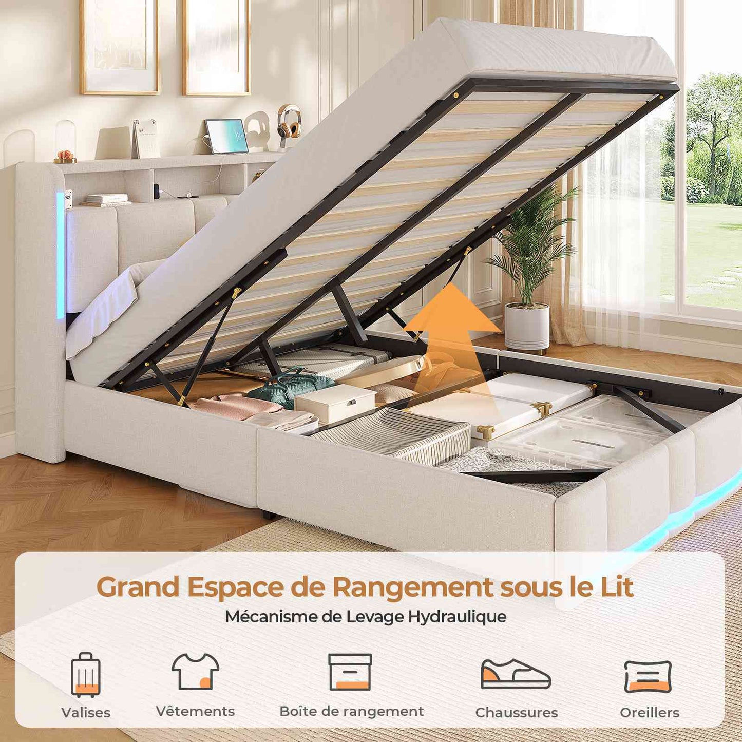 AOGLLATI Lit Coffre 140x190 CM  Lit Double avec LED et Ports USB Cadre de lit avec Tête de Lit capitonné et Rangement