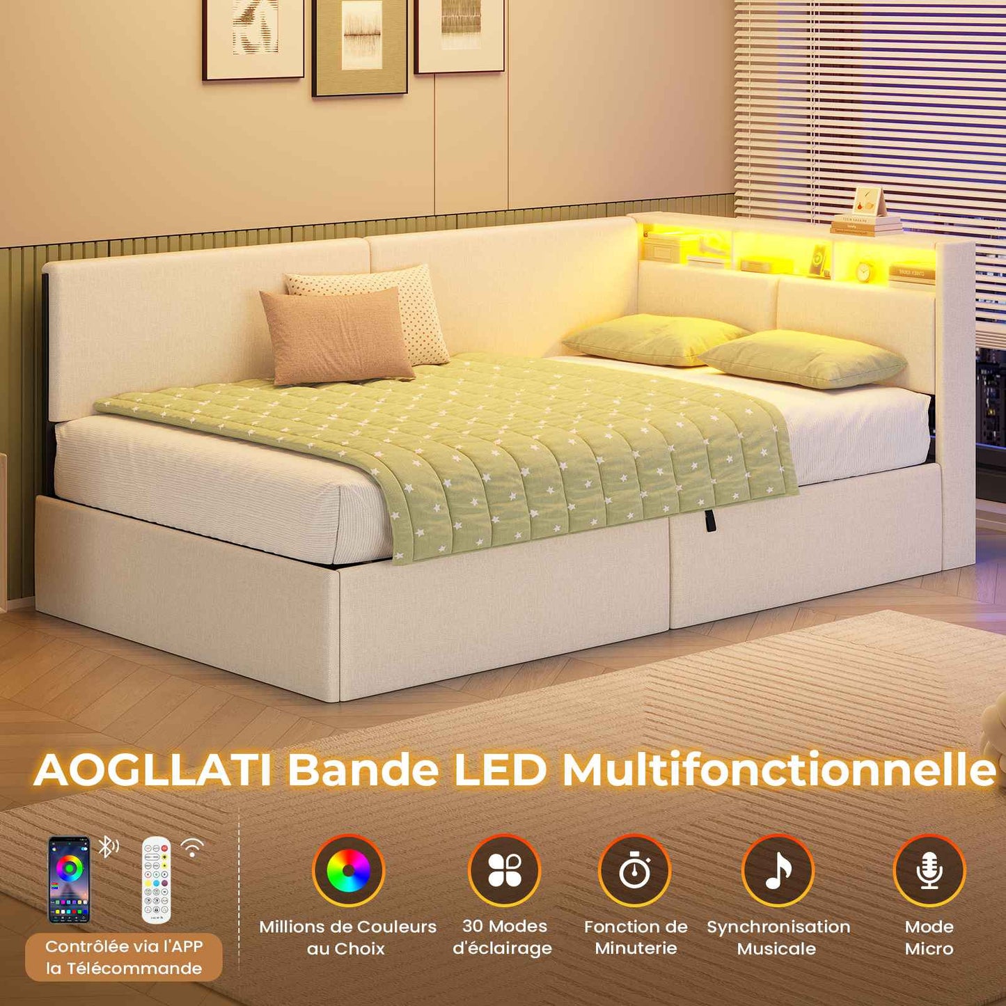 AOGLLATI Canapé lit 90 x 200 Lit Coffre 90 x 200 avec LED et Ports USB Lit Hydraulique avec Tête de Lit capitonné et Rangement