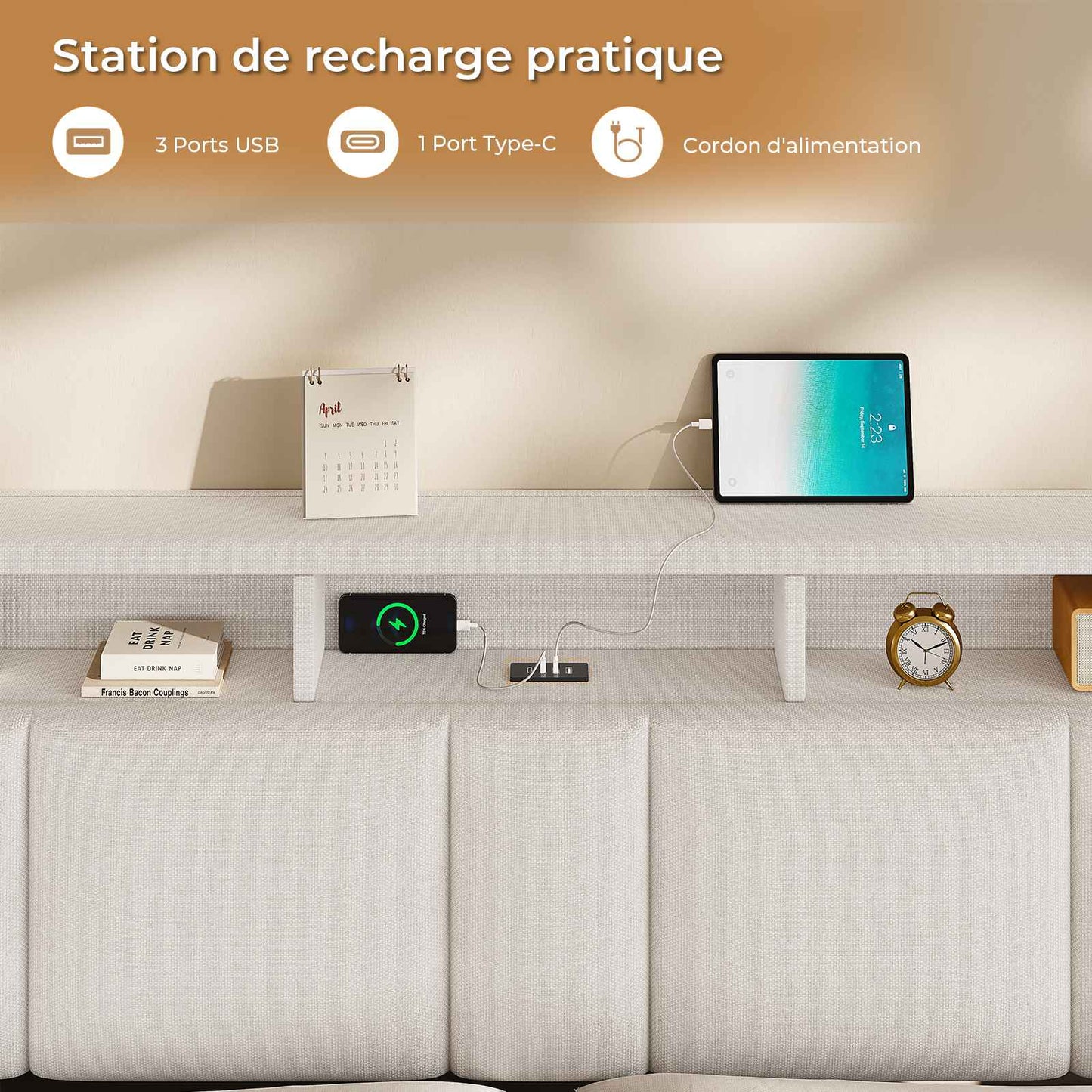 AOGLLATI Lit Coffre 140x190 CM  Lit Double avec LED et Ports USB Cadre de lit avec Tête de Lit capitonné et Rangement