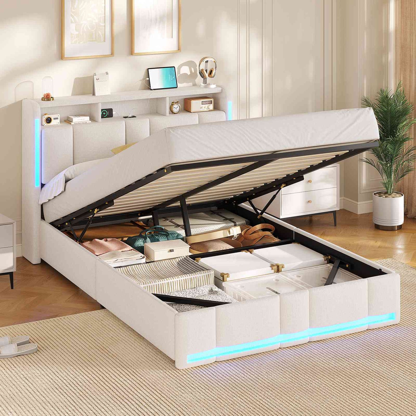AOGLLATI Lit Coffre 140x190 CM  Lit Double avec LED et Ports USB Cadre de lit avec Tête de Lit capitonné et Rangement