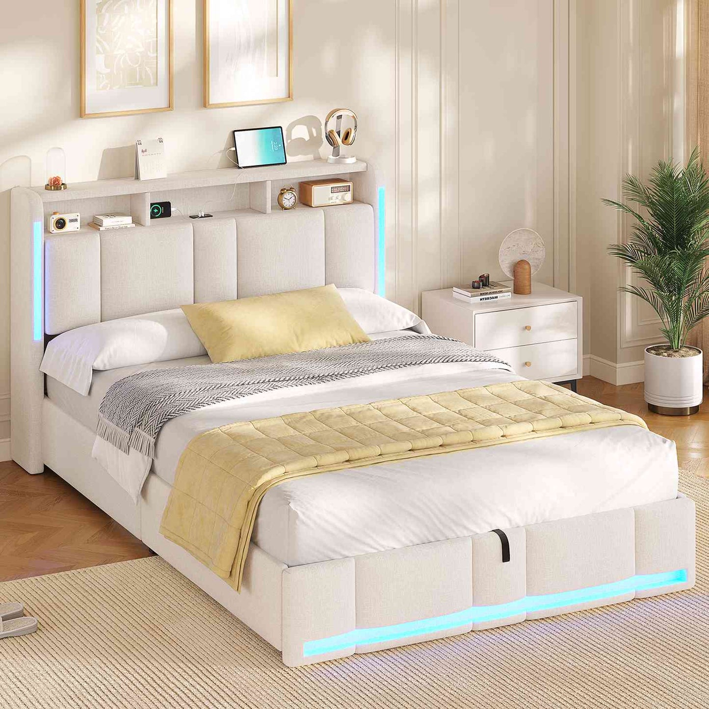 AOGLLATI Lit Coffre 140x190 CM  Lit Double avec LED et Ports USB Cadre de lit avec Tête de Lit capitonné et Rangement
