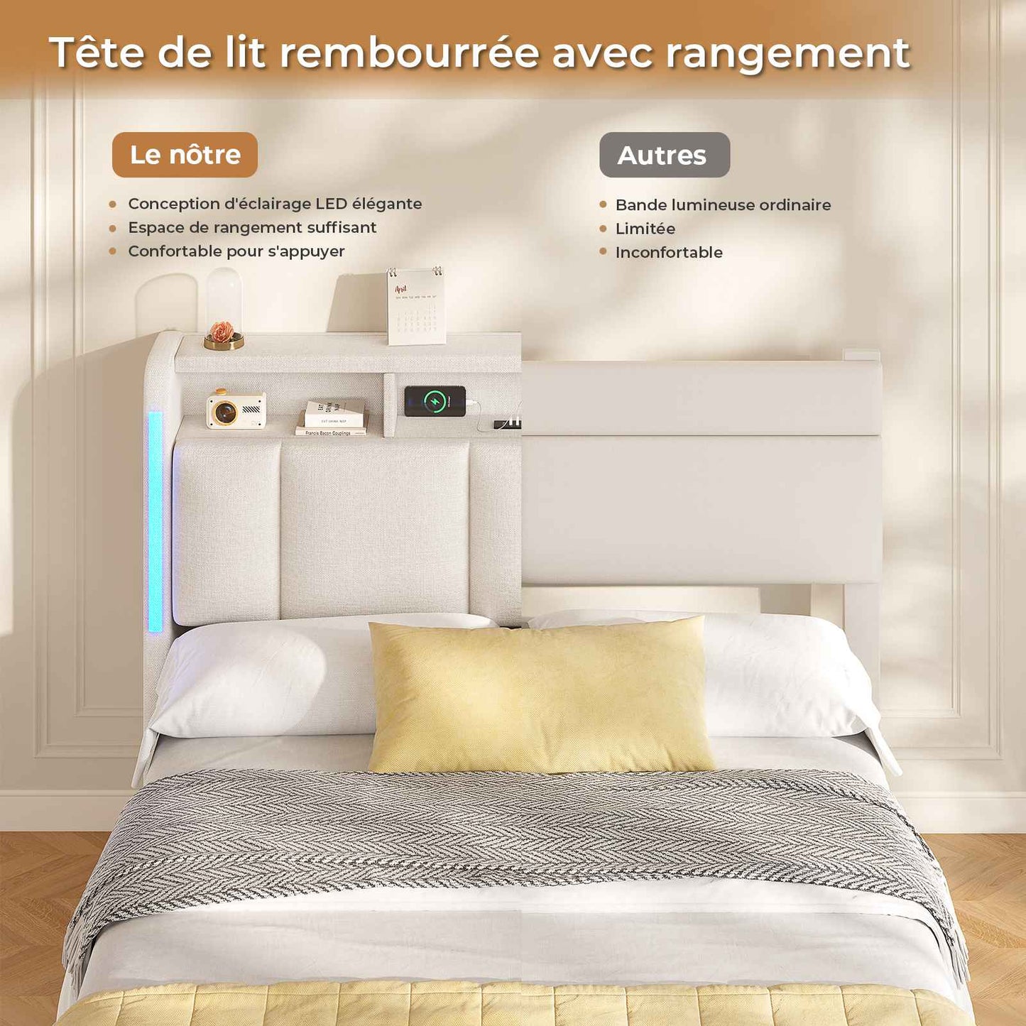 AOGLLATI Lit Coffre 140x190 CM  Lit Double avec LED et Ports USB Cadre de lit avec Tête de Lit capitonné et Rangement