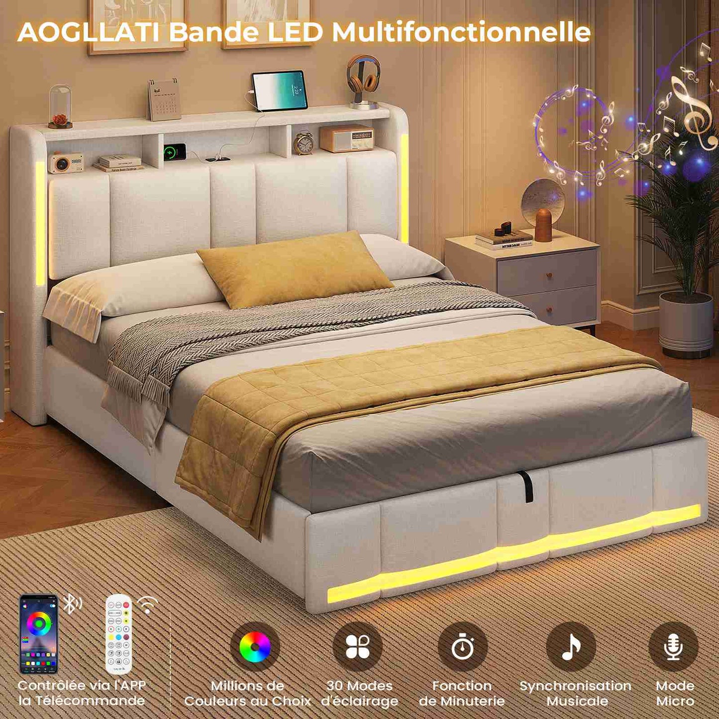 AOGLLATI Lit Coffre 140x190 CM  Lit Double avec LED et Ports USB Cadre de lit avec Tête de Lit capitonné et Rangement