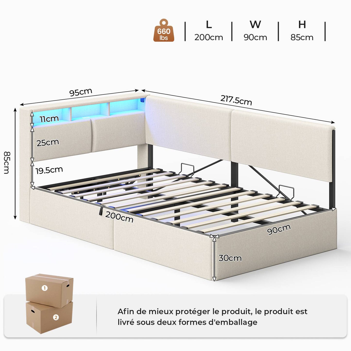 AOGLLATI Canapé lit 90 x 200 Lit Coffre 90 x 200 avec LED et Ports USB Lit Hydraulique avec Tête de Lit capitonné et Rangement