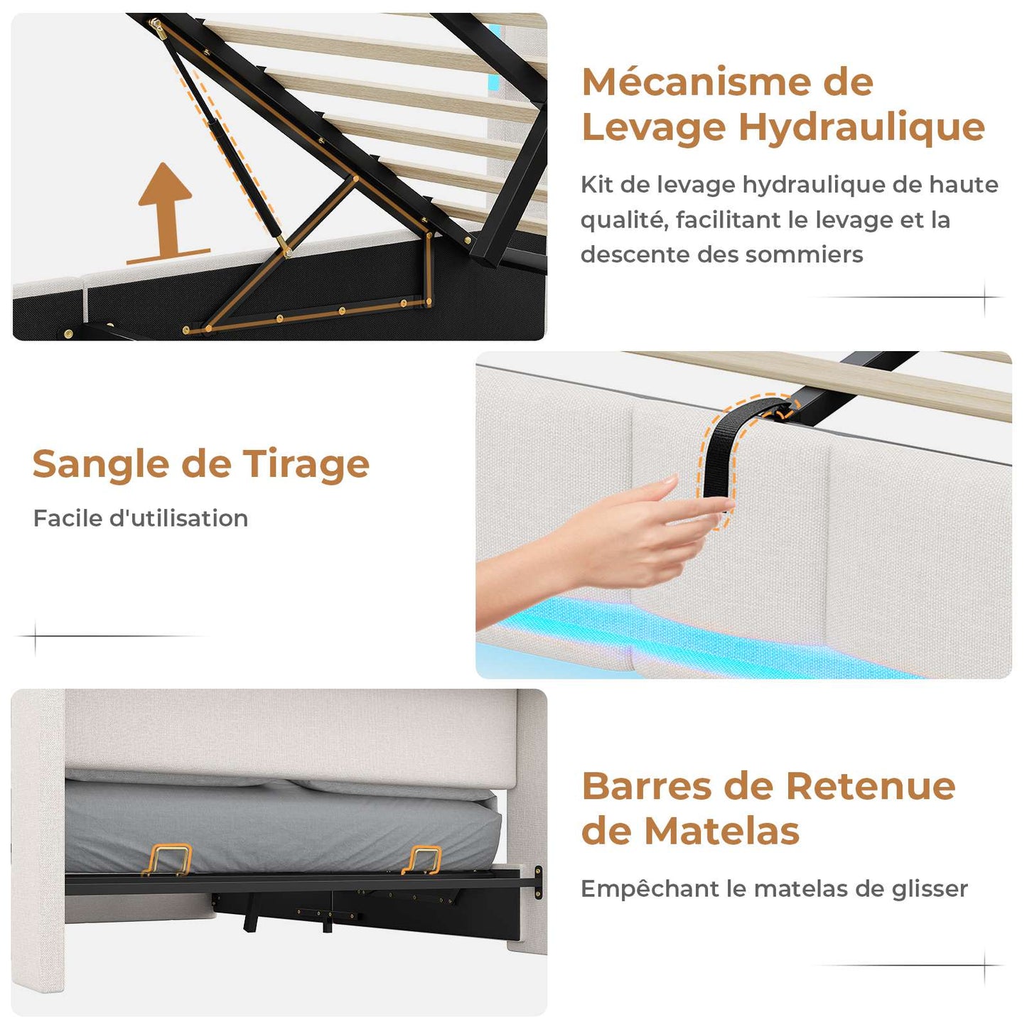 AOGLLATI Lit Coffre 140x190 CM  Lit Double avec LED et Ports USB Cadre de lit avec Tête de Lit capitonné et Rangement