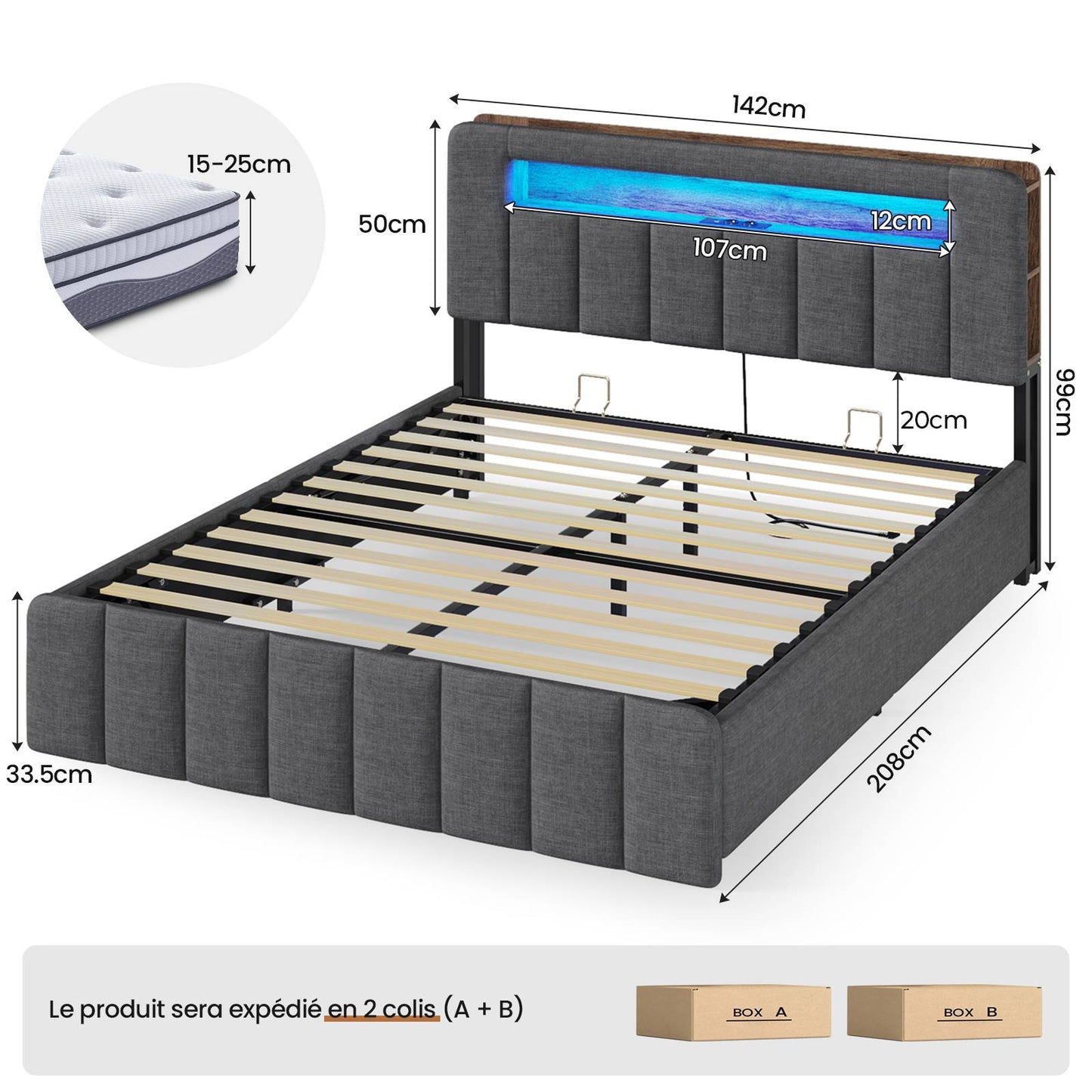 AOGLLATI Lit Coffre 140x190 avec Rangement Hydraulique  Lit 140x190 avec Sommier  Éclairage LED et Multiprise Intégrée