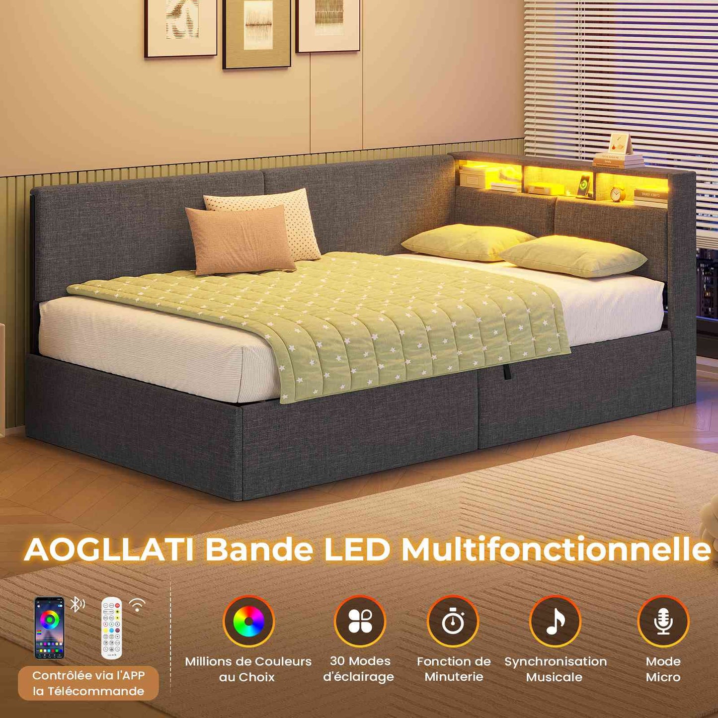 AOGLLATI Canapé lit 90 x 200 Lit Coffre 90 x 200 avec LED et Ports USB Lit Hydraulique avec Tête de Lit capitonné et Rangement