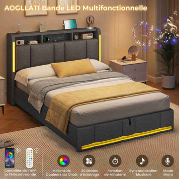 AOGLLATI Lit Coffre 140x190 CM  Lit Double avec LED et Ports USB Cadre de lit avec Tête de Lit capitonné et Rangement
