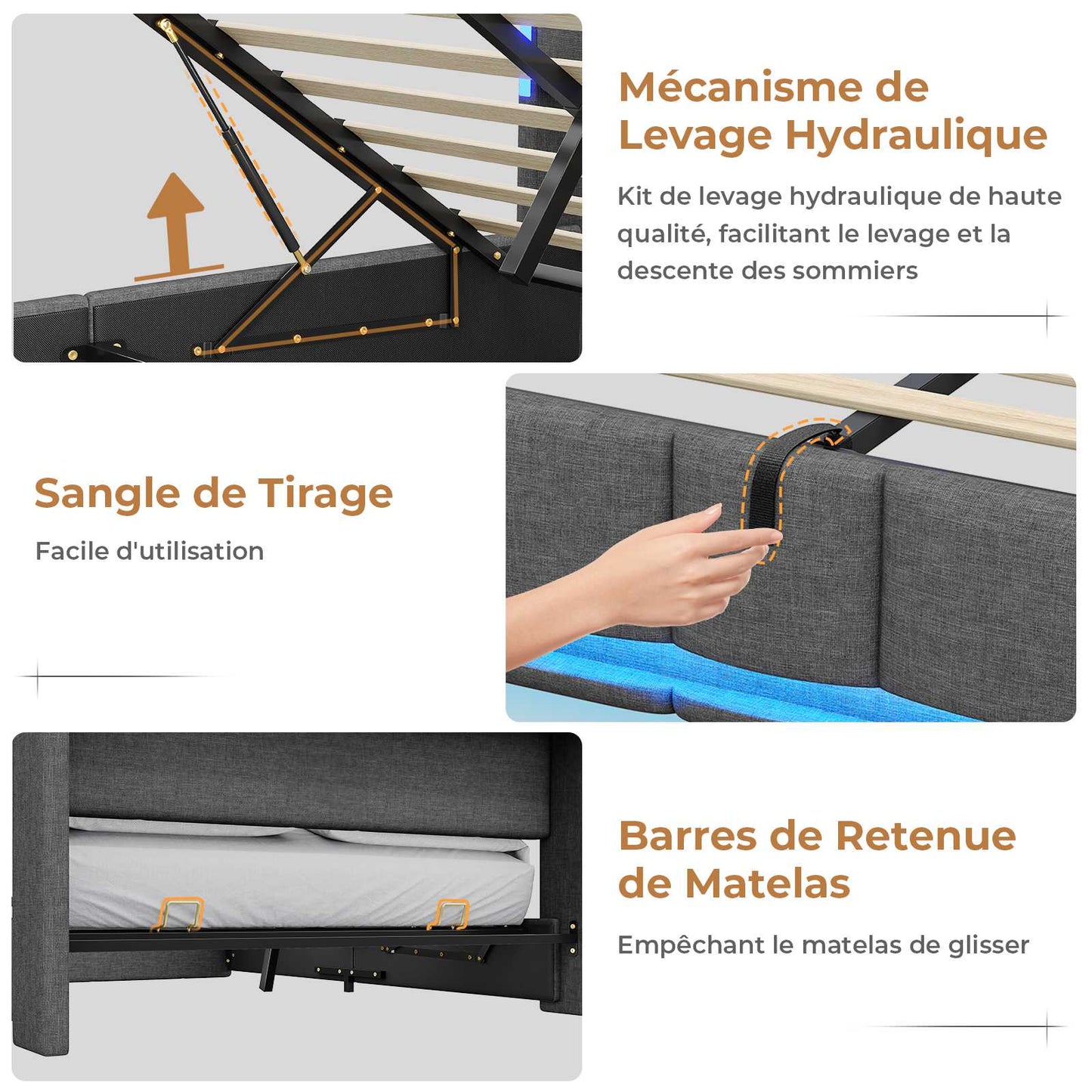 AOGLLATI Lit Coffre 140x190 CM  Lit Double avec LED et Ports USB Cadre de lit avec Tête de Lit capitonné et Rangement