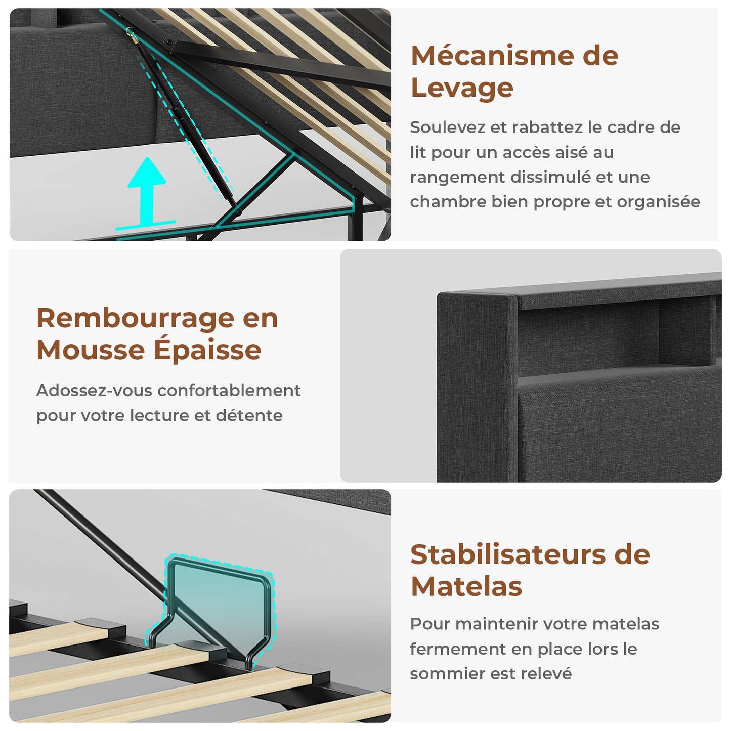 AOGLLATI Canapé lit 90 x 200 Lit Coffre 90 x 200 avec LED et Ports USB Lit Hydraulique avec Tête de Lit capitonné et Rangement