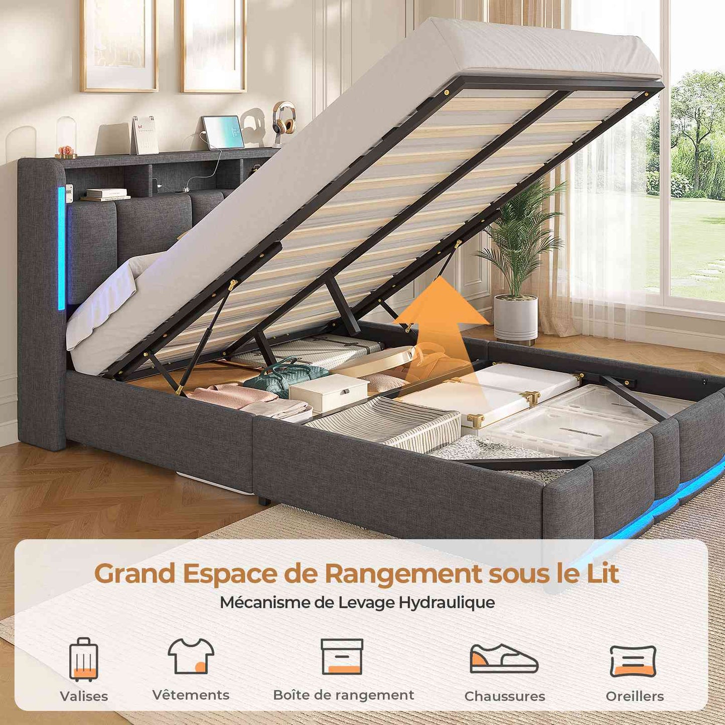 AOGLLATI Lit Coffre 140x190 CM  Lit Double avec LED et Ports USB Cadre de lit avec Tête de Lit capitonné et Rangement