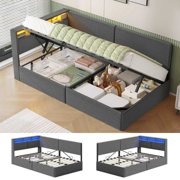 AOGLLATI Canapé lit 90 x 200 Lit Coffre 90 x 200 avec LED et Ports USB Lit Hydraulique avec Tête de Lit capitonné et Rangement