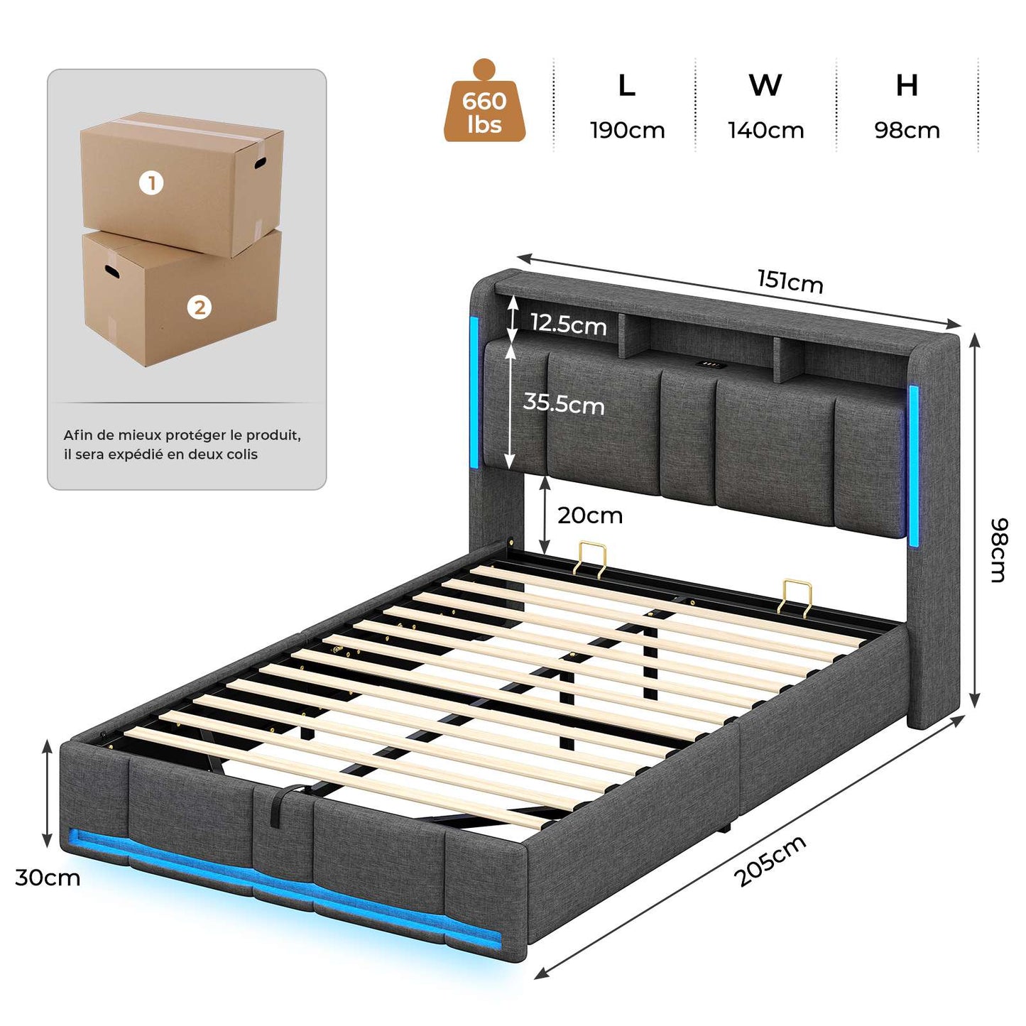 AOGLLATI Lit Coffre 140x190 CM  Lit Double avec LED et Ports USB Cadre de lit avec Tête de Lit capitonné et Rangement