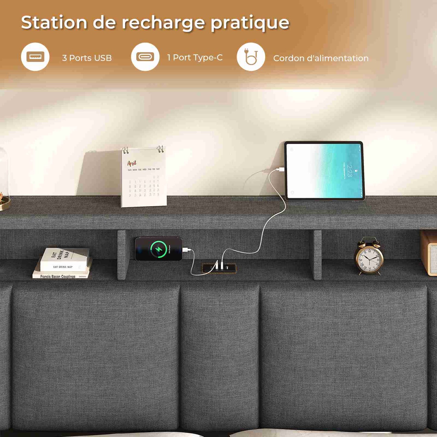AOGLLATI Lit Coffre 140x190 CM  Lit Double avec LED et Ports USB Cadre de lit avec Tête de Lit capitonné et Rangement