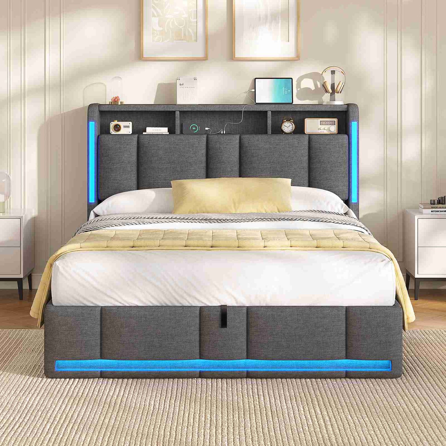 AOGLLATI Lit Coffre 140x190 CM  Lit Double avec LED et Ports USB Cadre de lit avec Tête de Lit capitonné et Rangement