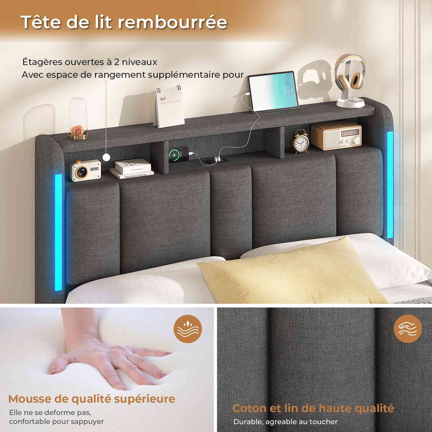 AOGLLATI Lit Coffre 140x190 CM  Lit Double avec LED et Ports USB Cadre de lit avec Tête de Lit capitonné et Rangement