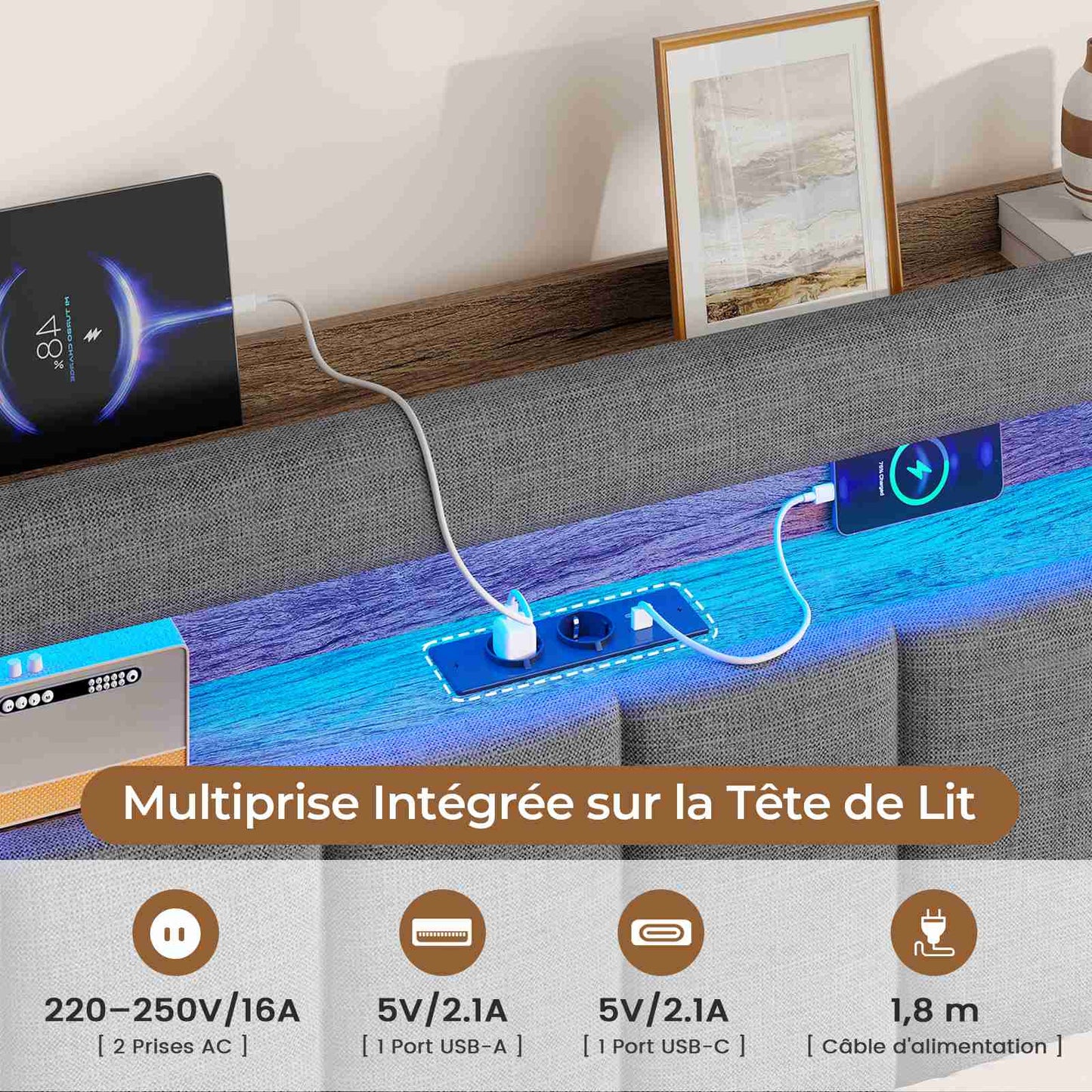 AOGLLATI Lit Coffre 140x190 avec Rangement Hydraulique  Lit 140x190 avec Sommier  Éclairage LED et Multiprise Intégrée