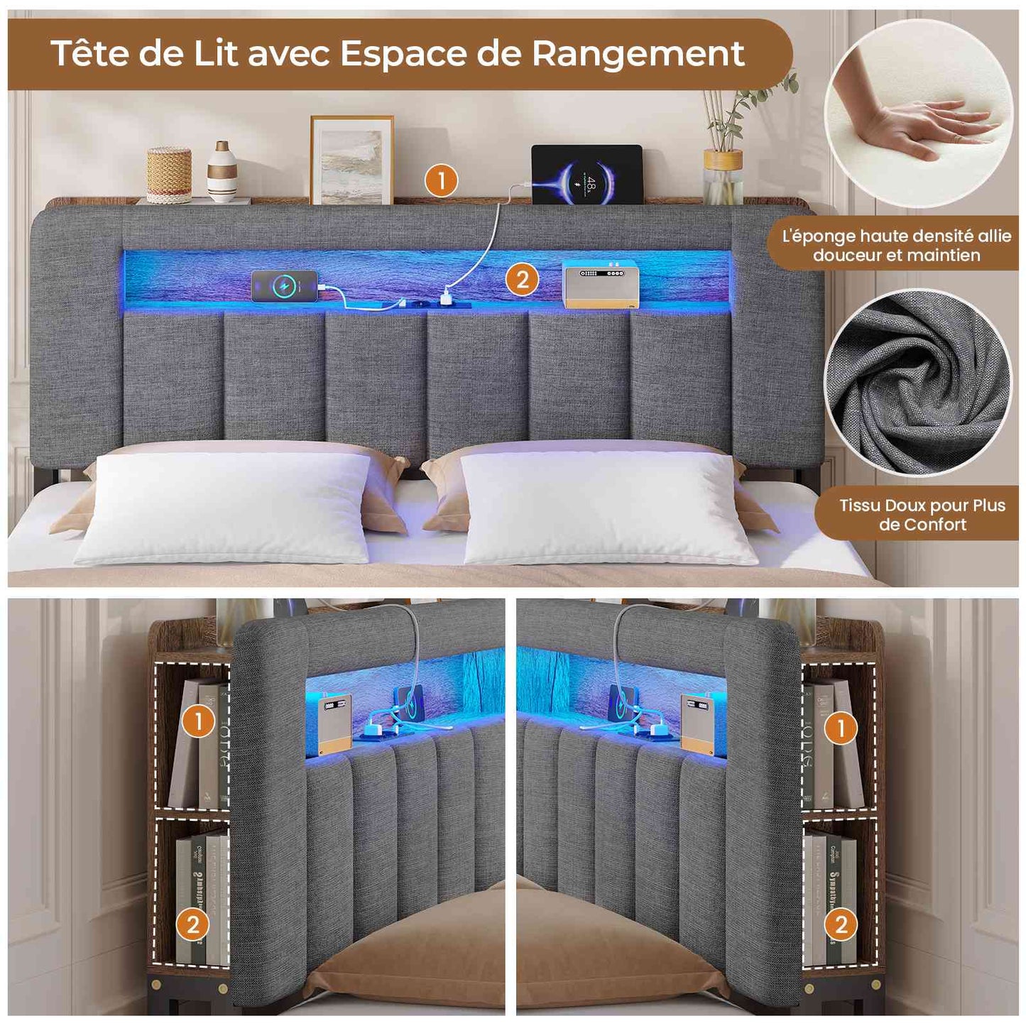 AOGLLATI Lit Coffre 140x190 avec Rangement Hydraulique  Lit 140x190 avec Sommier  Éclairage LED et Multiprise Intégrée
