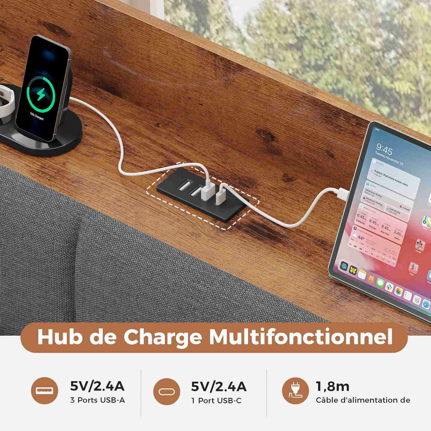 AOGLLATI Canapé Lit 90x200 avec Rangement Lit Coffre 90x200 avec Multiprise et Éclairage LED