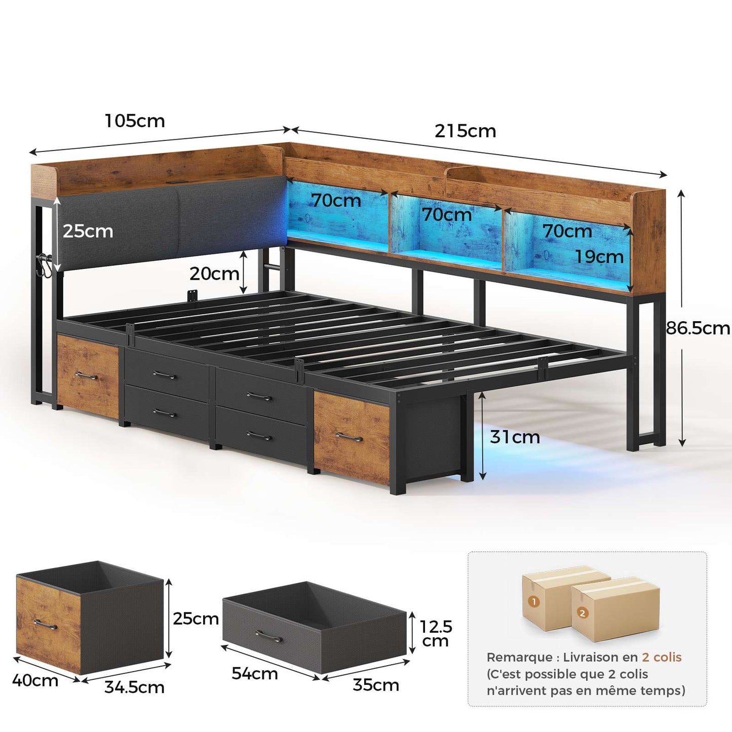 AOGLLATI Canapé Lit 90x200 avec Rangement Lit Coffre 90x200 avec Multiprise et Éclairage LED