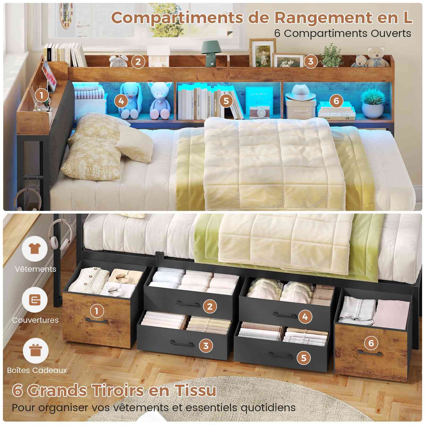 AOGLLATI Canapé Lit 90x200 avec Rangement Lit Coffre 90x200 avec Multiprise et Éclairage LED