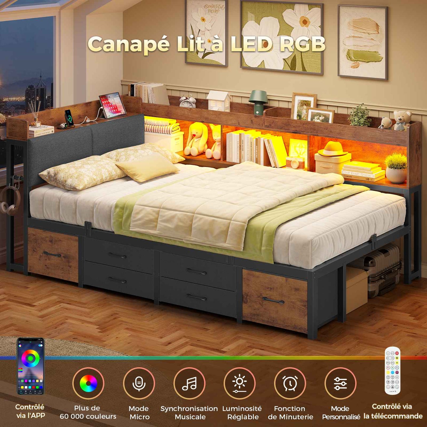 AOGLLATI Canapé Lit 90x200 avec Rangement Lit Coffre 90x200 avec Multiprise et Éclairage LED