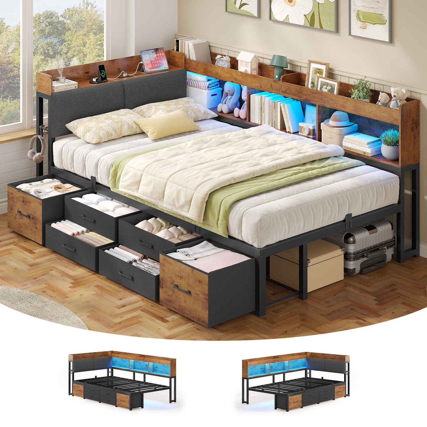 AOGLLATI Canapé Lit 90x200 avec Rangement Lit Coffre 90x200 avec Multiprise et Éclairage LED