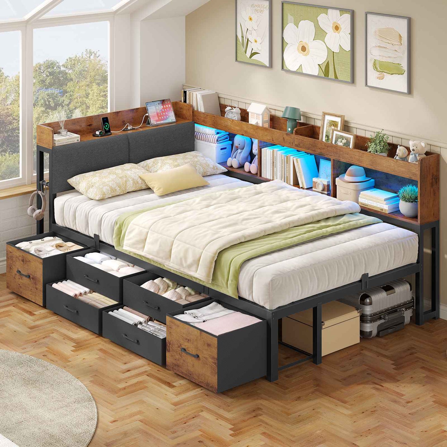 AOGLLATI Canapé Lit 90x200 avec Rangement Lit Coffre 90x200 avec Multiprise et Éclairage LED