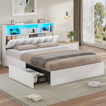 Lit AOGLLATI 140 × 190 avec espace de rangement et tête de lit rembourrée équipé de ports USB et d'un éclairage LED  le lit double est doté de 4 grands tiroirs