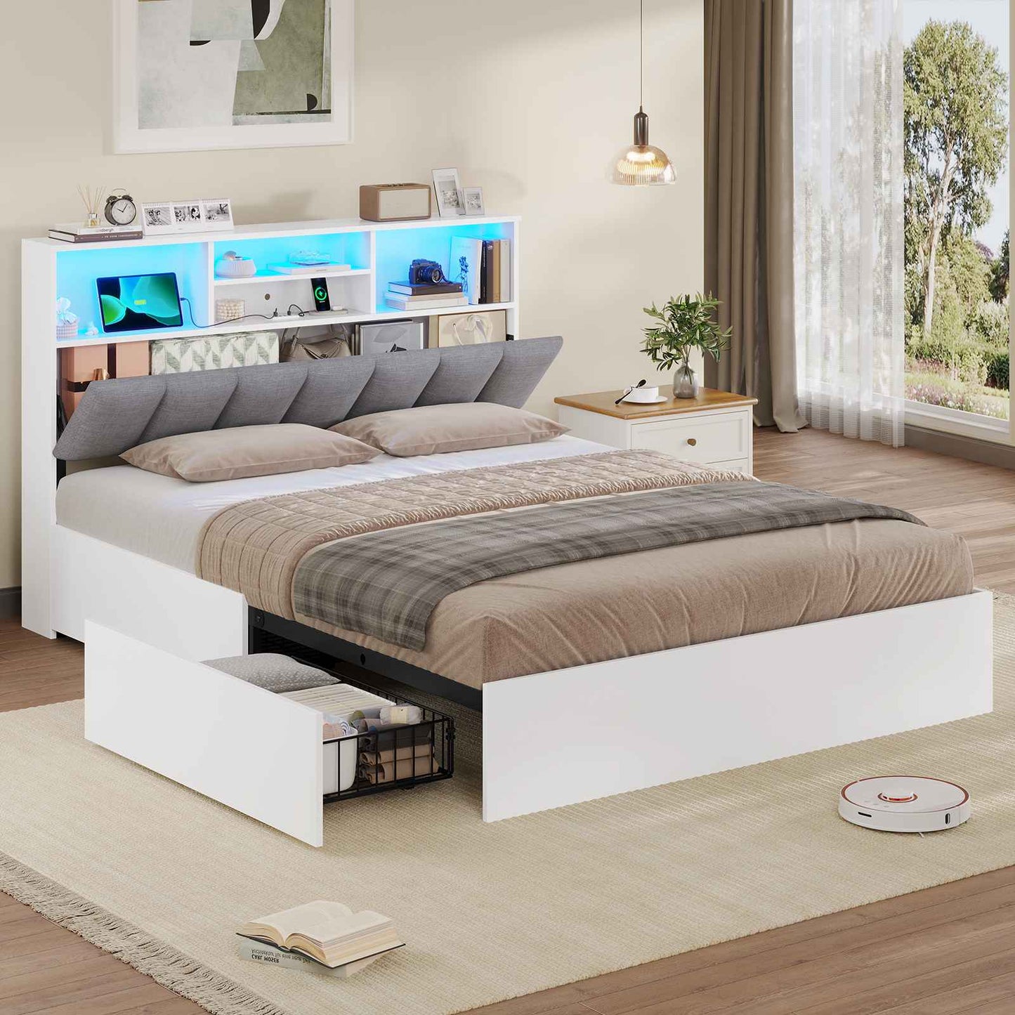 Lit AOGLLATI 140 × 200 avec espace de rangement et tête de lit rembourrée équipé de ports USB et d'un éclairage LED  le lit double est doté de 4 grands tiroirs