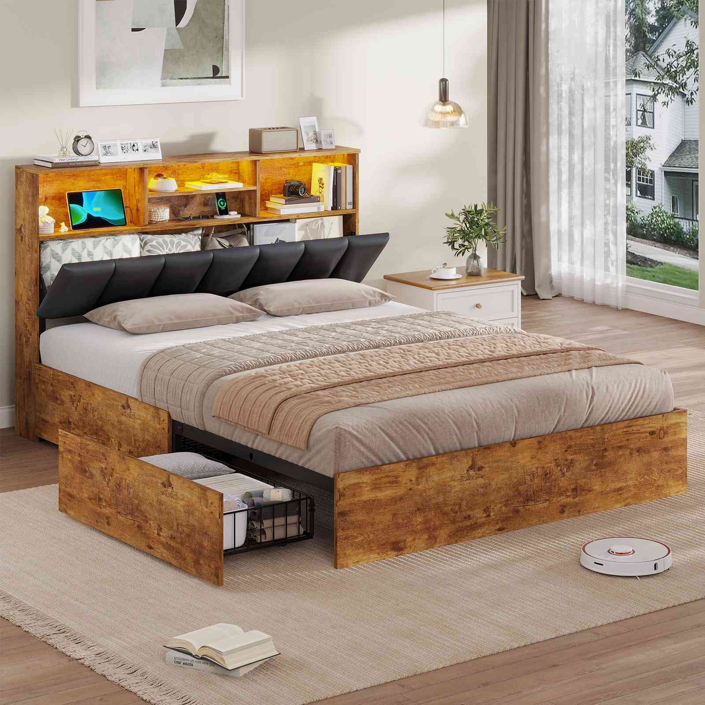 Lit AOGLLATI 140 × 200 avec espace de rangement et tête de lit rembourrée équipé de ports USB et d'un éclairage LED  le lit double est doté de 4 grands tiroirs