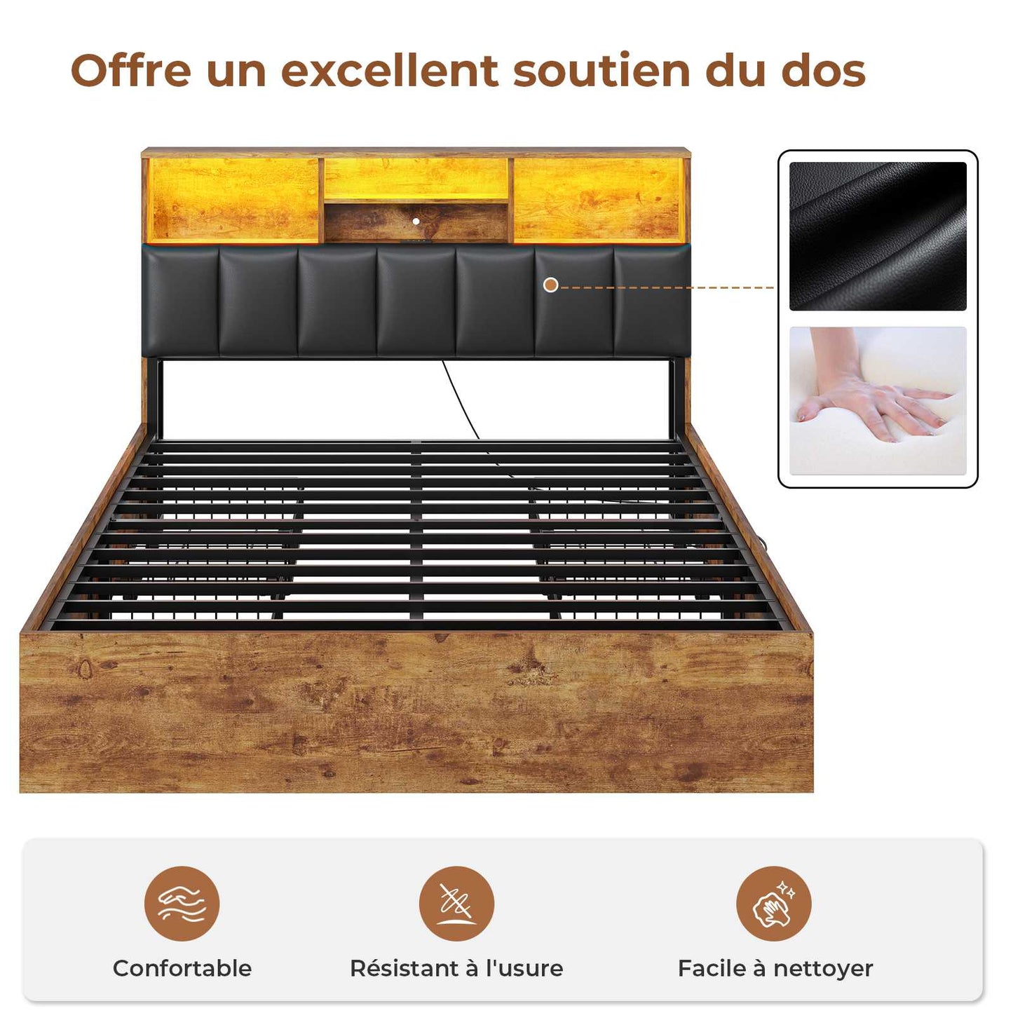 Lit AOGLLATI 140 × 200 avec espace de rangement et tête de lit rembourrée équipé de ports USB et d'un éclairage LED  le lit double est doté de 4 grands tiroirs