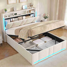 Lit double AOGLLATI 140 x 200 avec rangement hydraulique, éclairage LED et prises électriques, tête de lit rembourrée avec étagère ouverte et espace de rangement dissimulé
