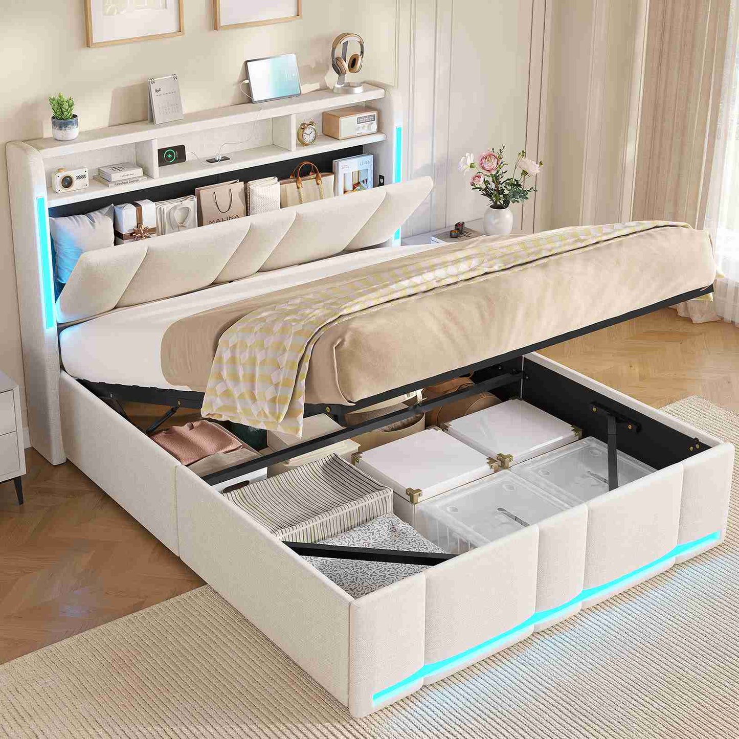 Lit double AOGLLATI 140 x 200 avec rangement hydraulique, éclairage LED et prises électriques, tête de lit rembourrée avec étagère ouverte et espace de rangement dissimulé