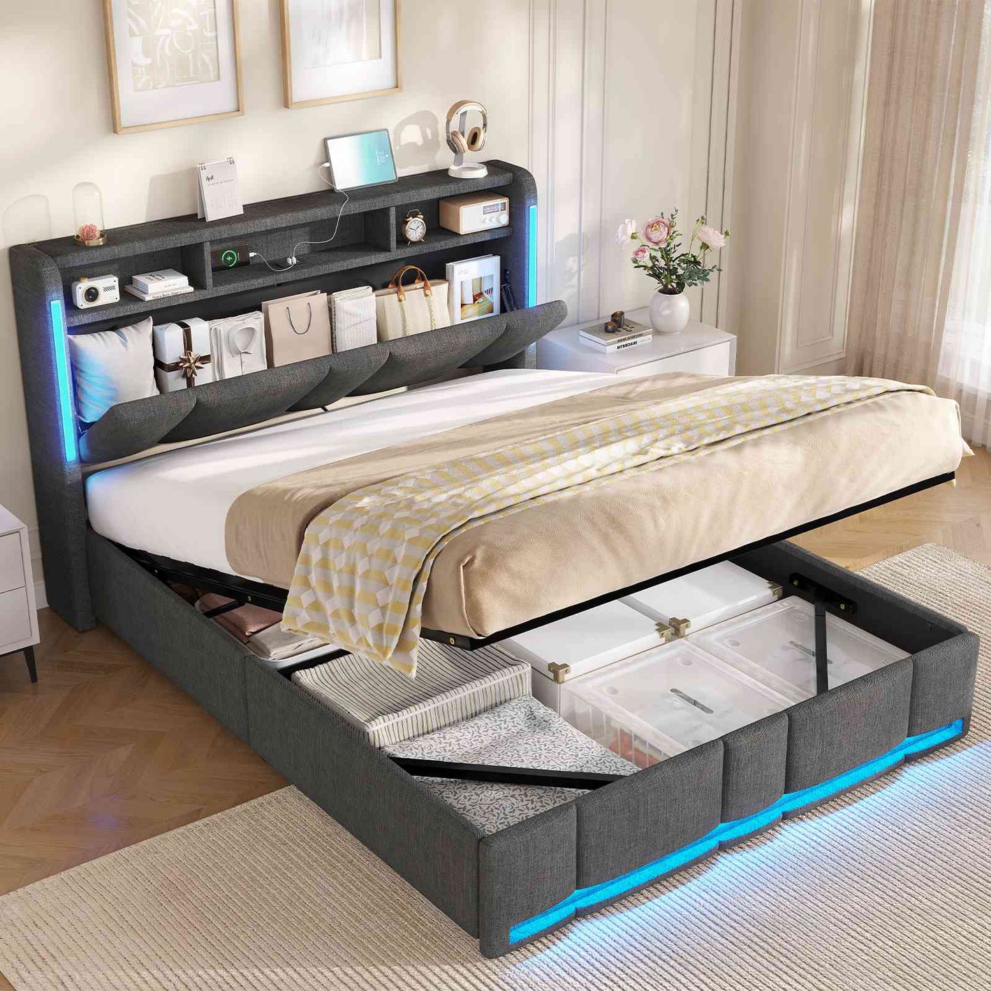 Lit double AOGLLATI 140 x 200 avec rangement hydraulique, éclairage LED et prises électriques, tête de lit rembourrée avec étagère ouverte et espace de rangement dissimulé