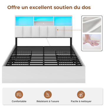 Lit AOGLLATI 140 × 200 avec espace de rangement et tête de lit rembourrée équipé de ports USB et d'un éclairage LED  le lit double est doté de 4 grands tiroirs