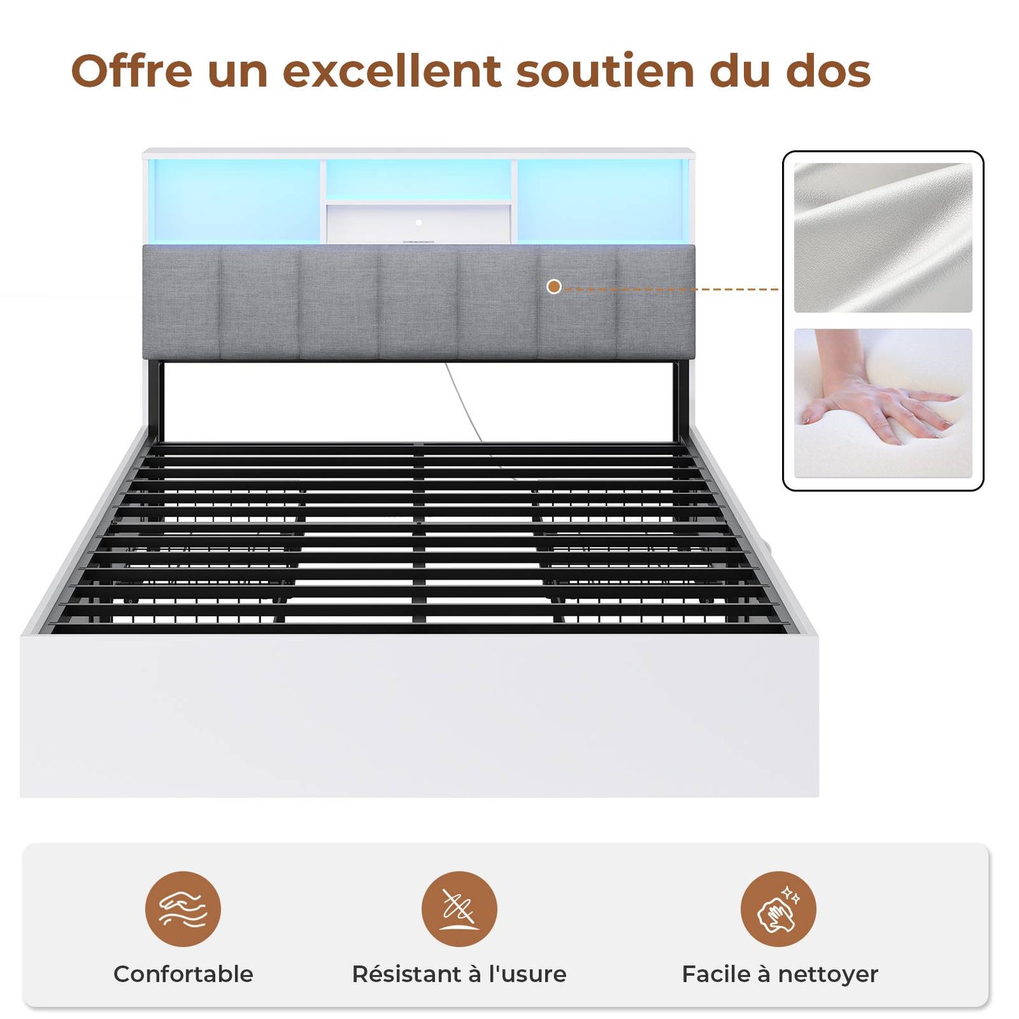 Lit AOGLLATI 140 × 200 avec espace de rangement et tête de lit rembourrée équipé de ports USB et d'un éclairage LED  le lit double est doté de 4 grands tiroirs