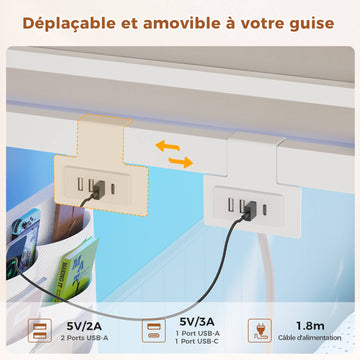 Lit superposé AOGLLATI 90 x 200 avec éclairage LED et 4 ports USB composé de 2 lits de 90 x 200 avec structure métallique doté de nombreux espaces de rangement