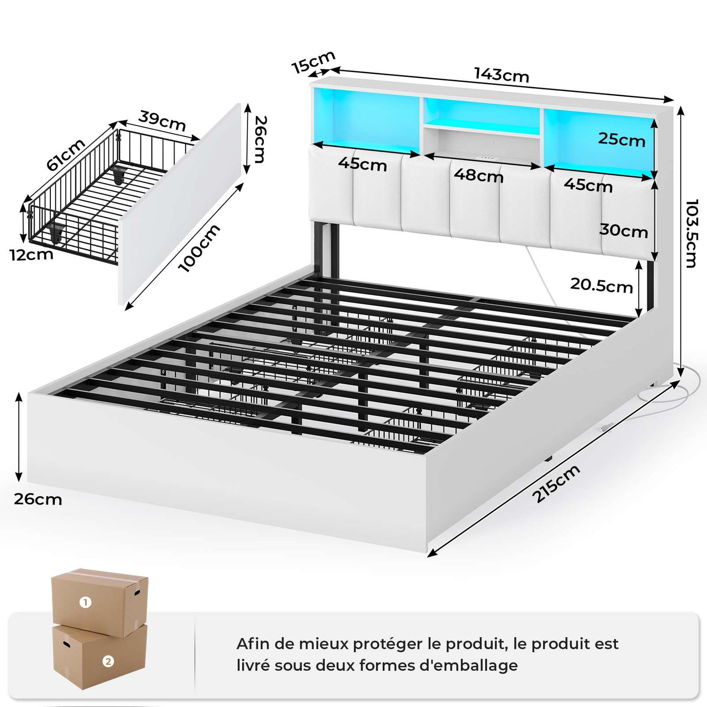 Lit AOGLLATI 140 × 200 avec espace de rangement et tête de lit rembourrée équipé de ports USB et d'un éclairage LED  le lit double est doté de 4 grands tiroirs