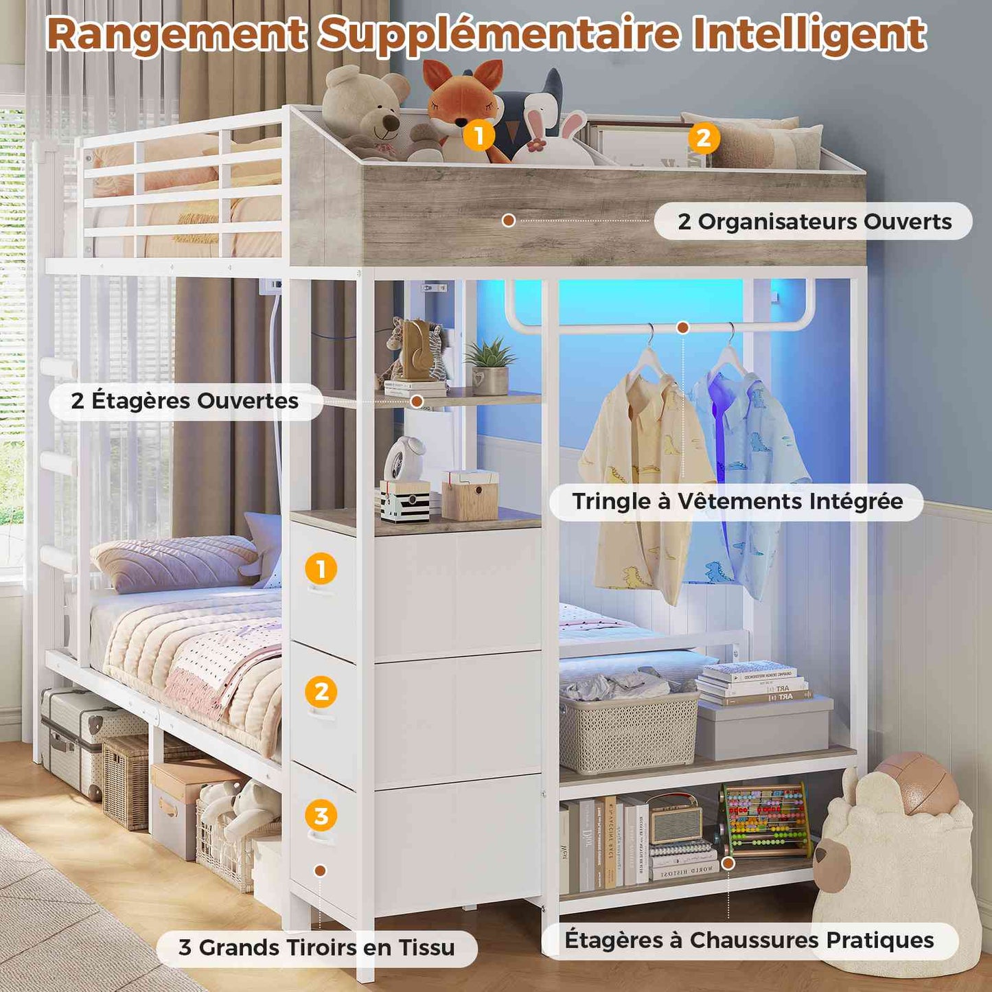 Lit superposé AOGLLATI 90 x 200 avec éclairage LED et 4 ports USB composé de 2 lits de 90 x 200 avec structure métallique doté de nombreux espaces de rangement