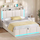 Lit double AOGLLATI 140 x 200 avec rangement hydraulique, éclairage LED et prises électriques, tête de lit rembourrée avec étagère ouverte et espace de rangement dissimulé