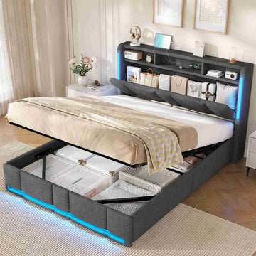 Lit double AOGLLATI 140 x 190 avec rangement hydraulique, éclairage LED et prises électriques, tête de lit rembourrée avec étagère ouverte et espace de rangement dissimulé