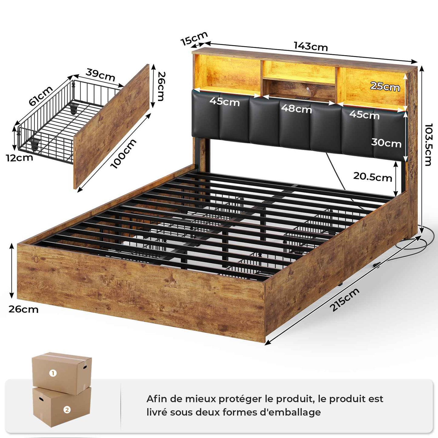 Lit AOGLLATI 140 × 200 avec espace de rangement et tête de lit rembourrée équipé de ports USB et d'un éclairage LED  le lit double est doté de 4 grands tiroirs
