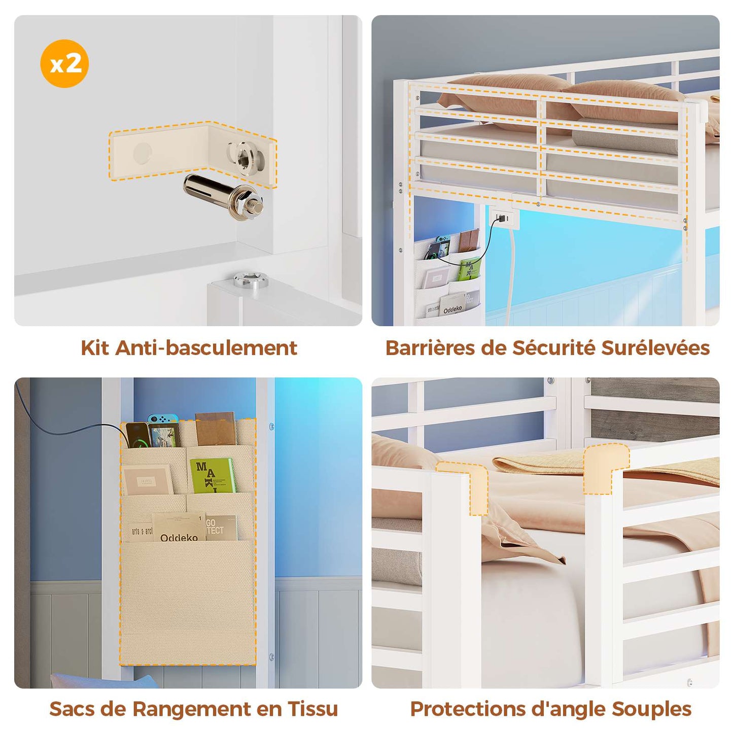 Lit superposé AOGLLATI 90 x 200 avec éclairage LED et 4 ports USB composé de 2 lits de 90 x 200 avec structure métallique doté de nombreux espaces de rangement